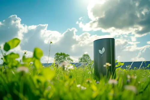 Une batterie solaire éco-conçue connectée à des panneaux photovoltaïques dans un environnement naturel préservé
