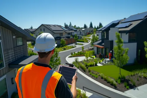 Technicien analysant un plan d'installation solaire pour optimiser l'autoconsommation d'une maison individuelle