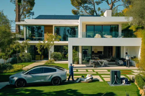 Maison équipée d'un système domotique solaire avec panneaux photovoltaïques et écran de contrôle sur smartphone