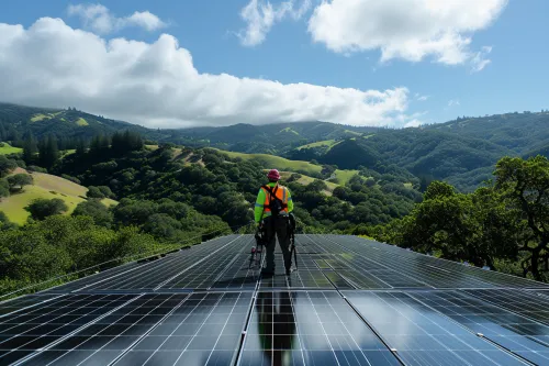 Technicien effectuant une maintenance approfondie des panneaux solaires avec des outils spécialisés sur une installation photovoltaïque