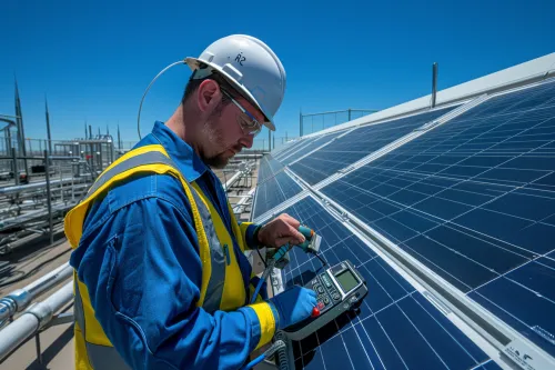 Technicien effectuant la maintenance préventive des panneaux solaires d'une installation collective en toiture