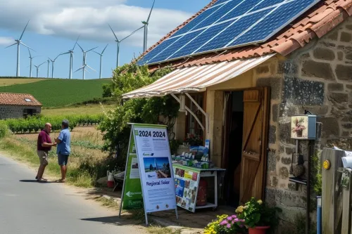 Des panneaux solaires installés sur un toit avec un logo de région française, symbolisant les aides régionales disponibles en 2025