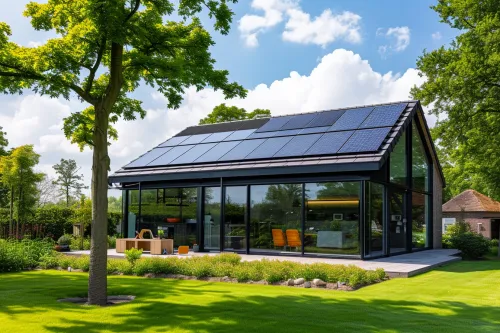 Système domotique connecté à des panneaux solaires pilotant automatiquement l'énergie dans une maison moderne