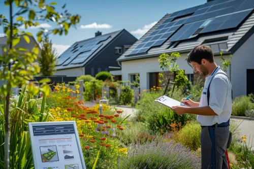 Des installateurs posent des panneaux solaires sur un toit résidentiel en France grâce aux aides gouvernementales disponibles