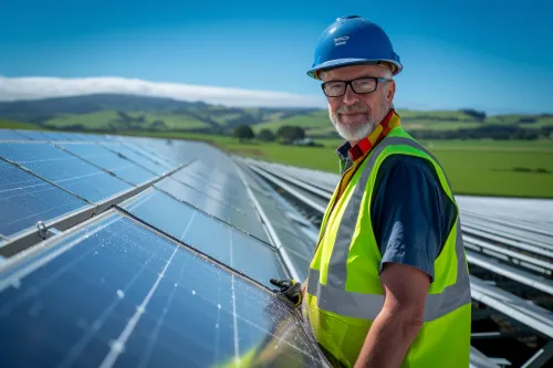 Un technicien effectue le nettoyage méticuleux d'une installation photovoltaïque pour optimiser son rendement énergétique