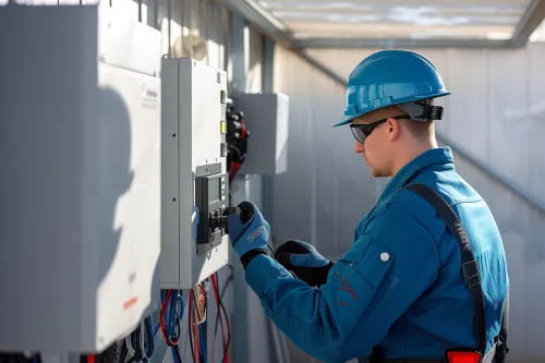 Technicien effectuant une intervention sur un onduleur solaire pour optimiser son fonctionnement