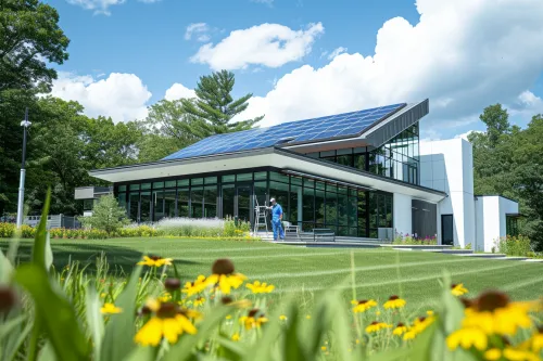 Technicien effectuant une maintenance système évolutive sur les panneaux solaires d'une maison connectée moderne