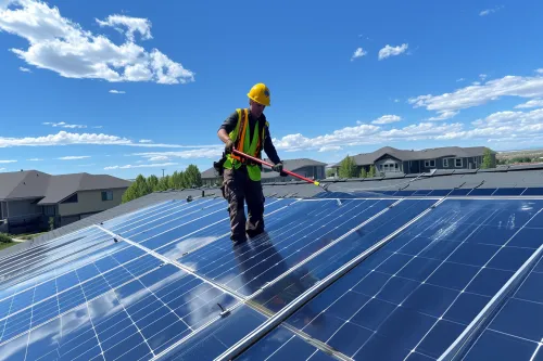 Technicien effectuant l'entretien photovoltaïque professionnel sur des panneaux solaires encrassés et mal entretenus