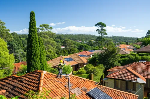 Maison moderne avec toiture complexe montrant différentes contraintes techniques  :  pente, cheminée et fenêtres de toit