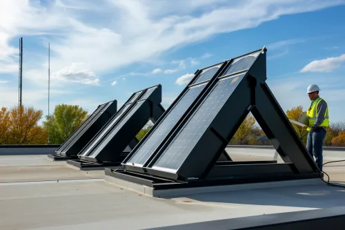 Membrane d'étanchéité posée sur un toit terrasse avec finition gravier et système d'évacuation des eaux pluviales