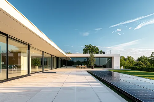 Différents modèles de panneaux solaires photovoltaïques et thermiques installés sur des toitures résidentielles en France
