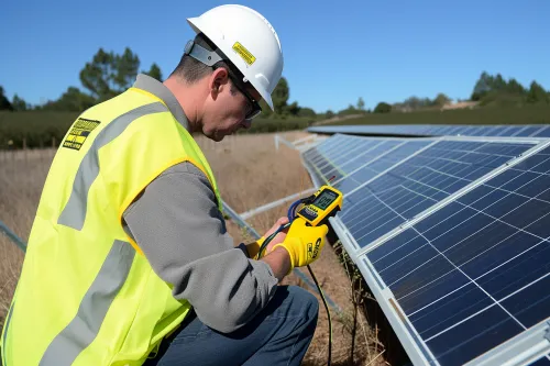 Technicien effectuant un diagnostic complet des composants électriques d'une installation photovoltaïque sur le toit