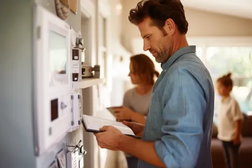 Audit énergétique d'une maison avec un technicien mesurant les déperditions thermiques avant travaux d'installation